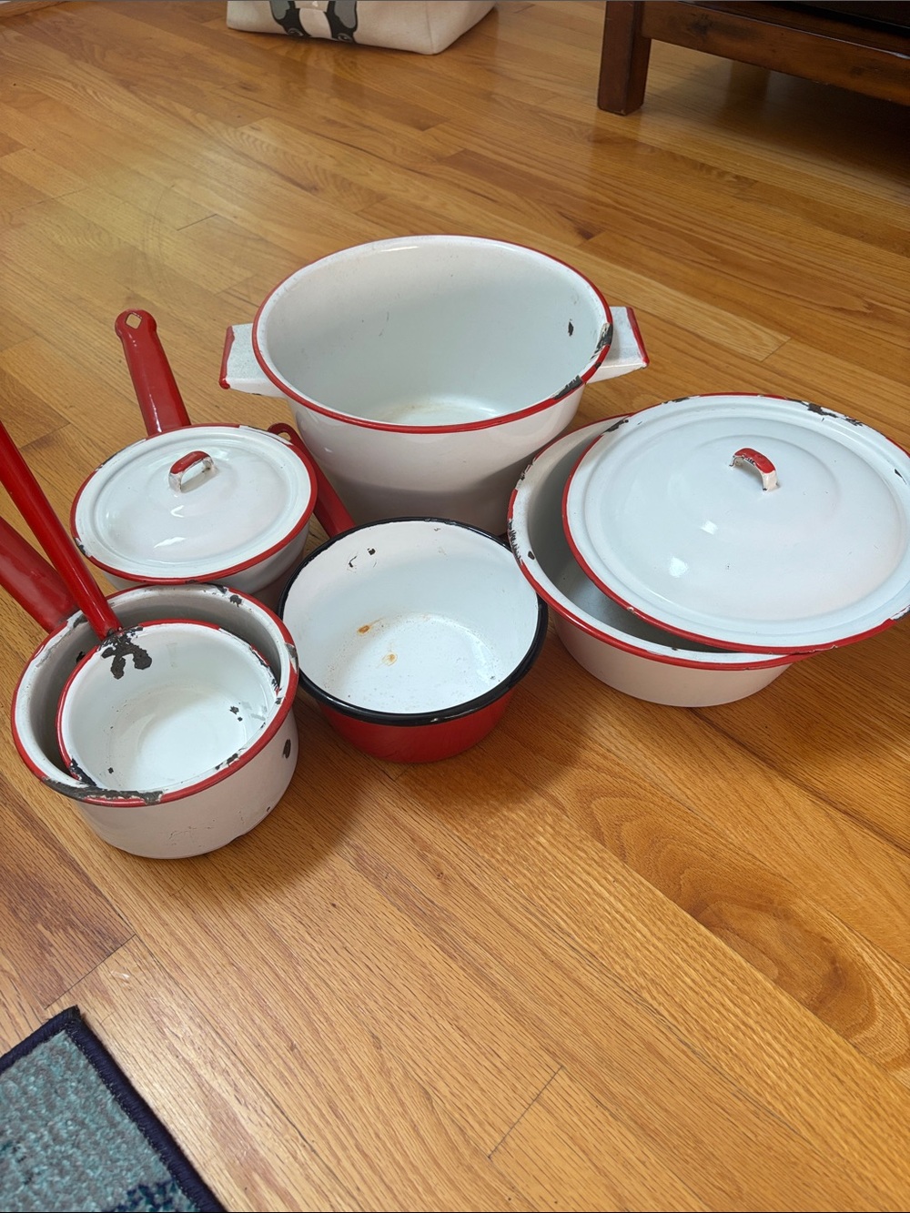 Vintage White and Red Enamel Cookware Set - Classic Home Kitchen